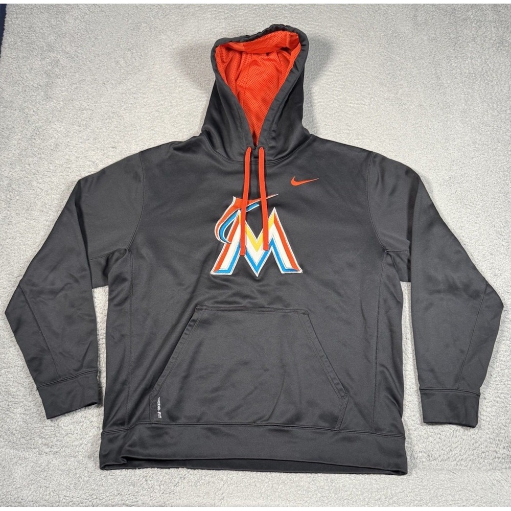 Miami Marlins Nike Therma Fit‎ Pullover Hooded Baseball Sweatshirt Mens XL Black